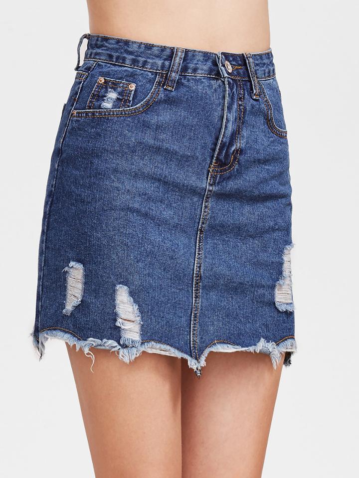 Romwe Blue Raw Hem Ripped Denim Skirt