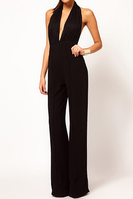 Romwe Romwe Lace Backless Black Jumpsuit