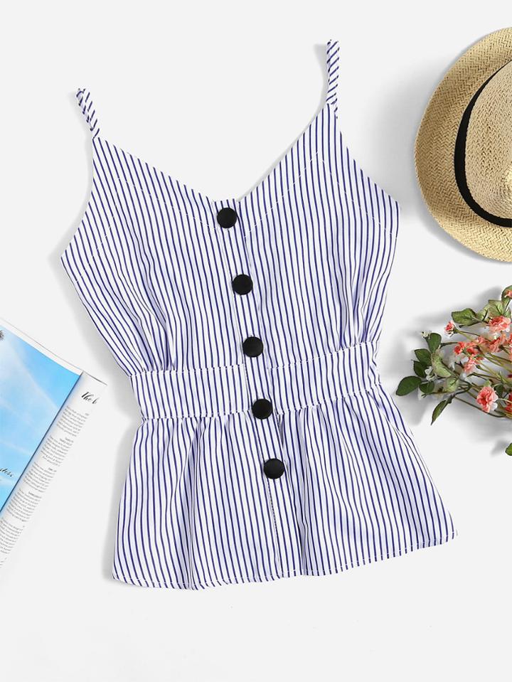 Romwe Vertical Striped Button Front Peplum Cami Top