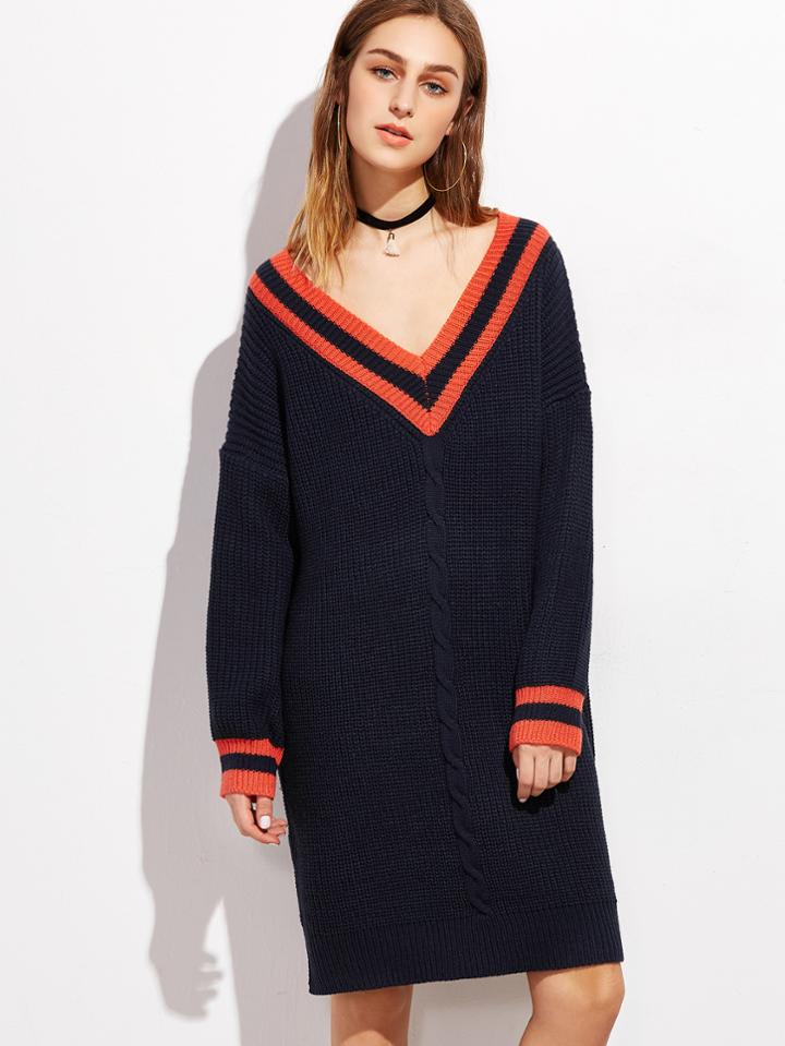 Romwe Navy V Neck Striped Trim Cable Knit Sweater Dress