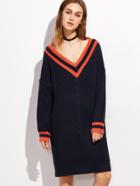 Romwe Navy V Neck Striped Trim Cable Knit Sweater Dress