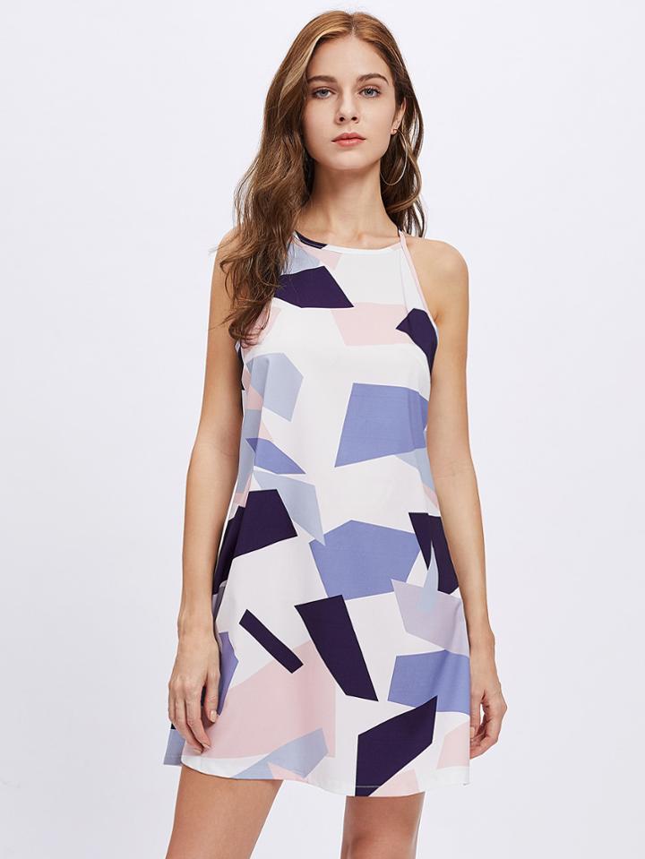 Romwe Geo Print Button Keyhole Back Cami Dress
