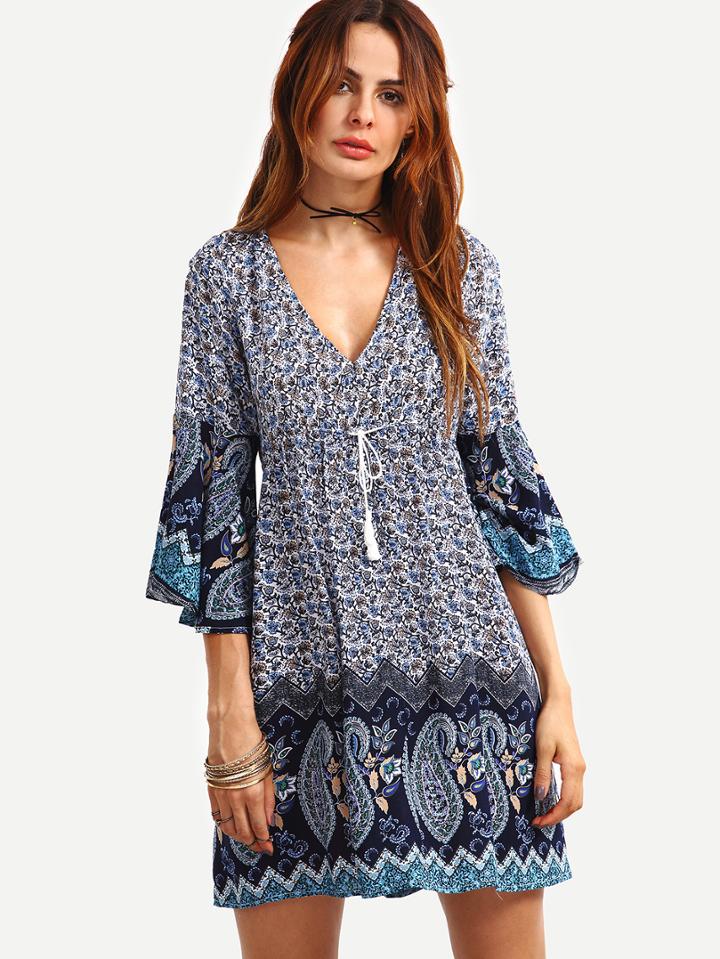 Romwe Double V-neck Bell Sleeve Multicolor Paisley Print Dress