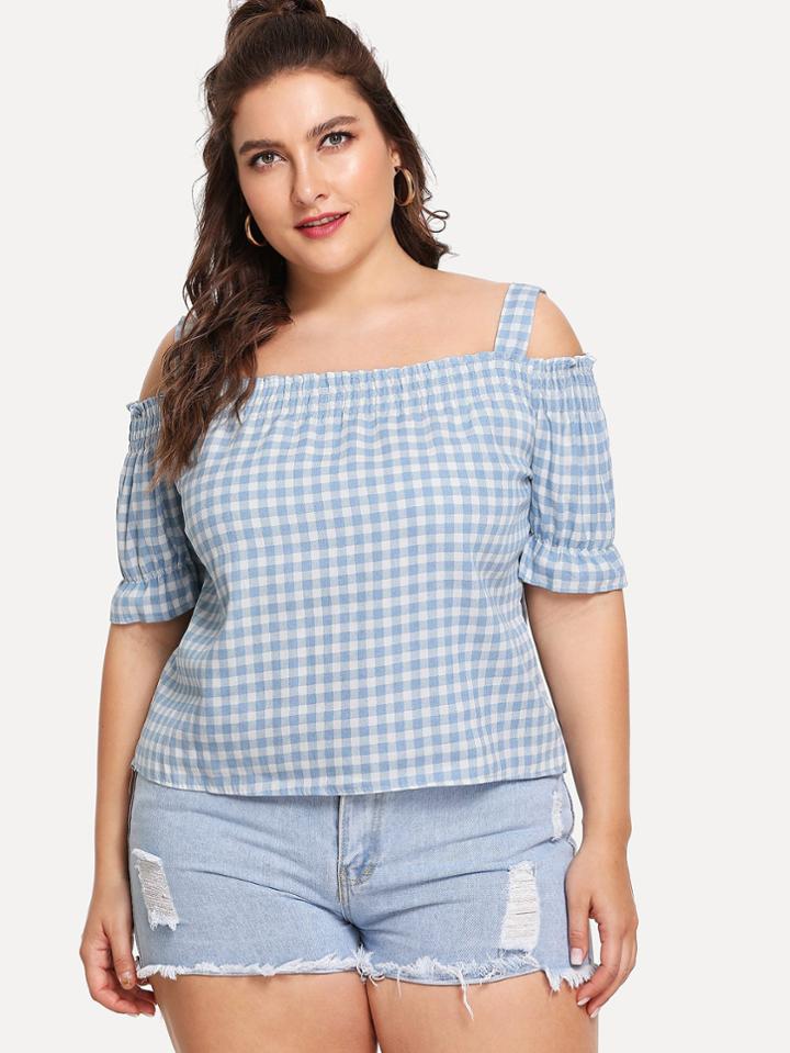 Romwe Shirred Detail Gingham Top