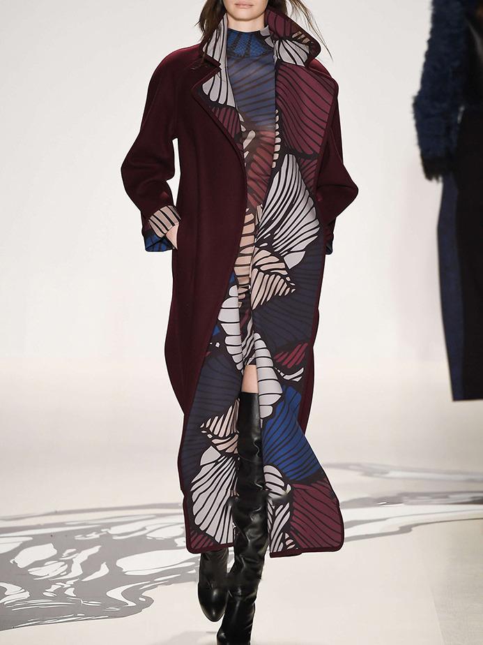 Romwe Win Red V Neck Long Sleeve Print Pockets Coat