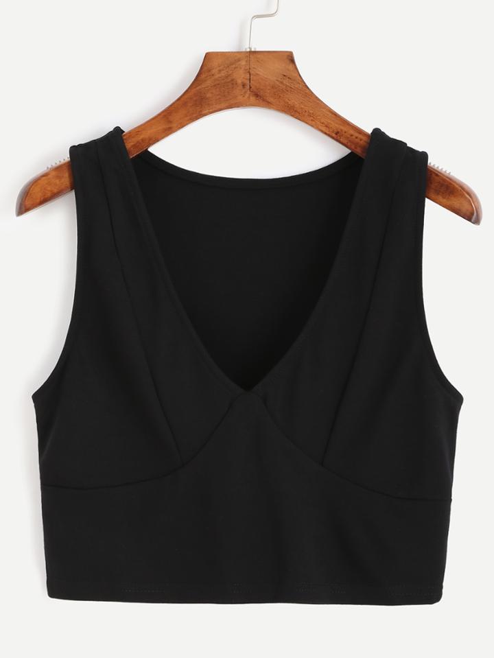 Romwe Black V Neck Crop Tank Top