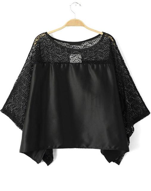 Romwe Black Round Neck Sheer Lace Crop Blouse