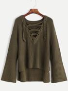 Romwe Army Green Eyelet Lace Up Bell Sleeve High Low Sweater