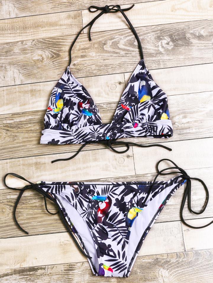 Romwe Black Printed Halter Side Tie Bikini Set