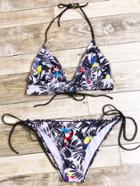 Romwe Black Printed Halter Side Tie Bikini Set