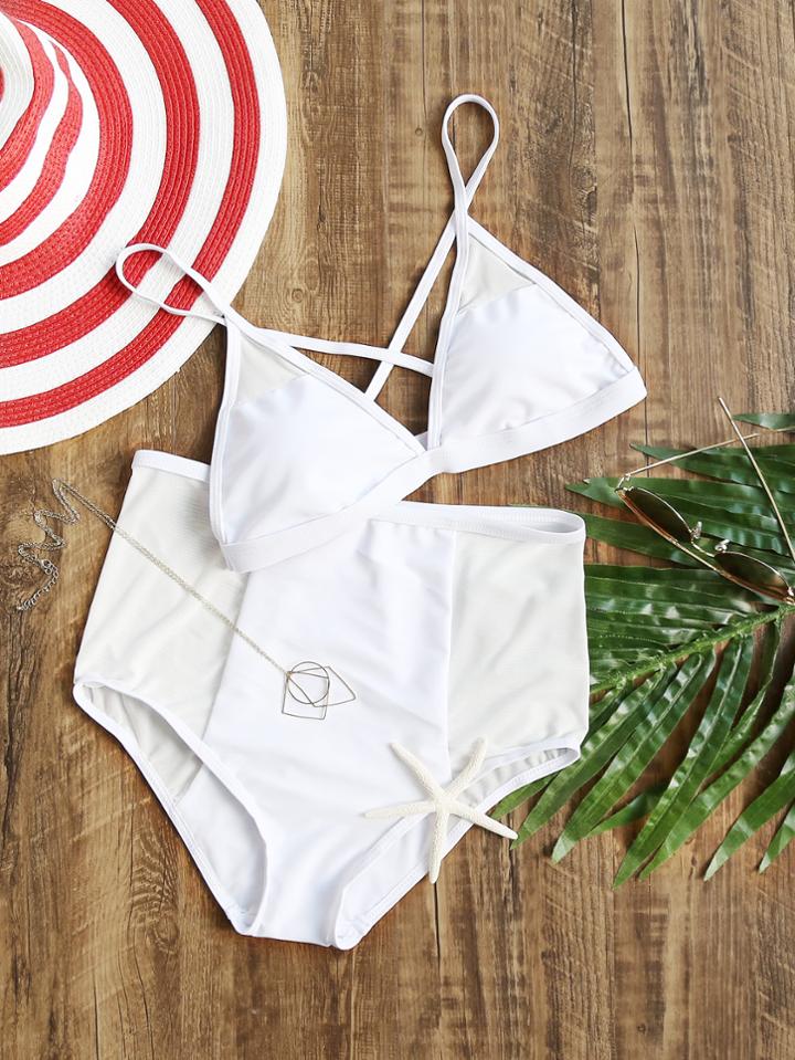 Romwe White Cross Back High Waist Bikini Set