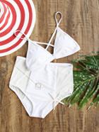 Romwe White Cross Back High Waist Bikini Set