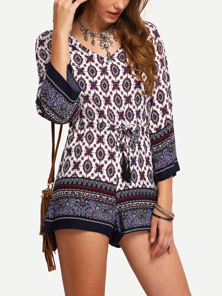 Romwe Tribal Print Tassel-tied Romper