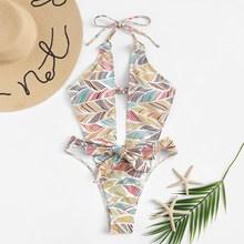 Romwe Random Leaf Print Self Tie Halter Monokini