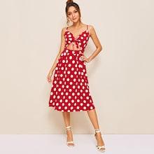 Romwe Polka Dot Print Tie Front Cami Dress