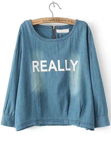Romwe Blue Long Sleeve Bleached Really Print Blouse