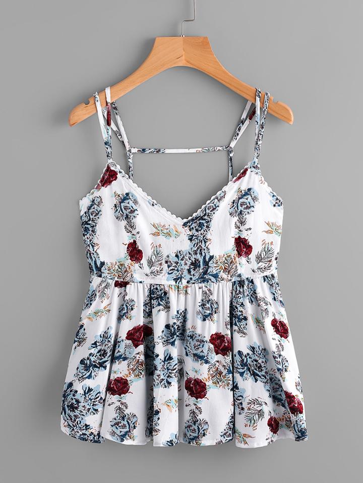 Romwe Random Florals Open Back Peplum Cami Top