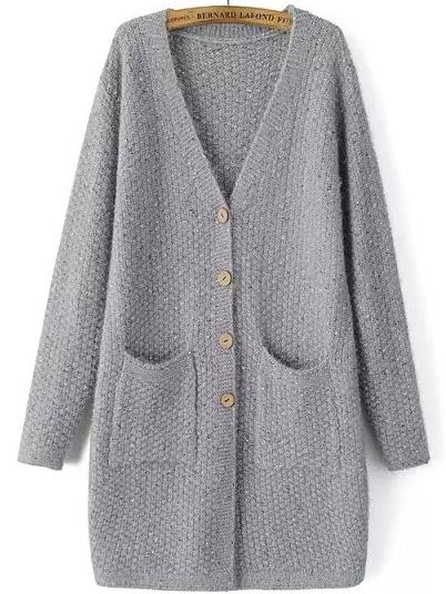 Romwe V Neck Pockets Button-down Grey Coat