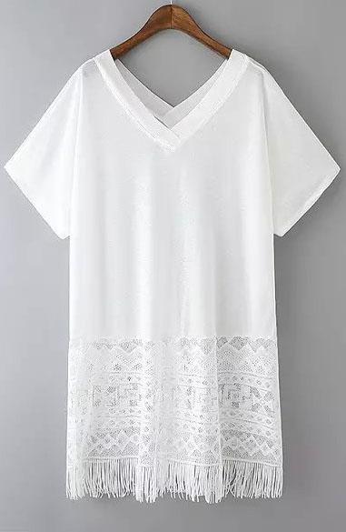 Romwe V Neck With Tassel White Dress