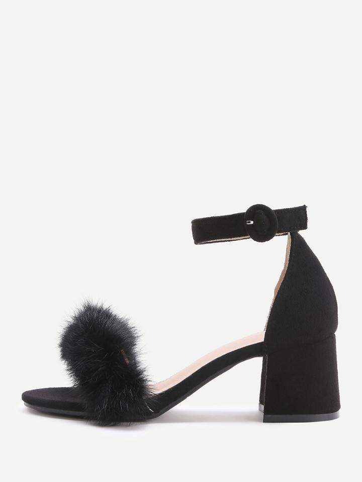 Romwe Black Faux Fur Ankle Strap Chunky Heels