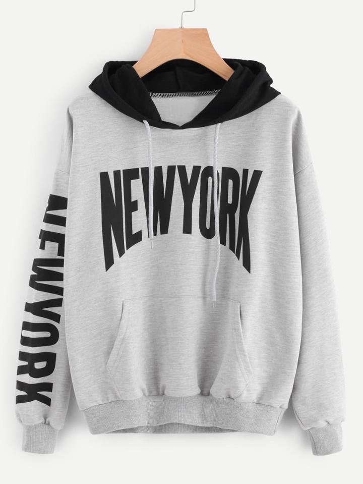 Romwe Letter Print Kangaroo Pocket Hoodie