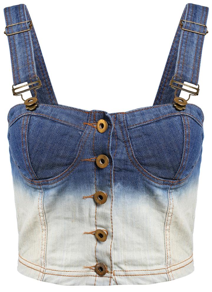 Romwe Strap Buttons Denim Blue Ombre Vest