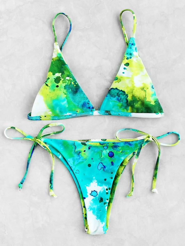 Romwe Watercolor Print Side Tie Bikini Set