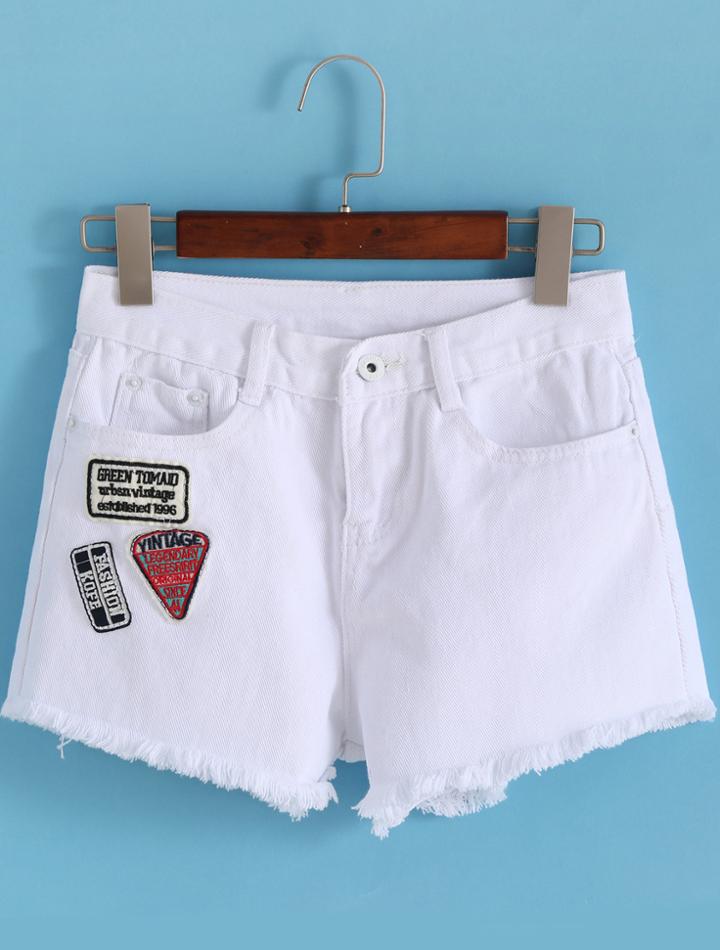 Romwe Embroidered Patch Fringe Denim Shorts