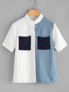 Romwe Color Block Blouse With Chest Pockets