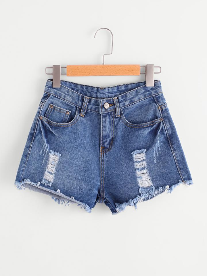 Romwe Raw Hem Distressed Denim Shorts