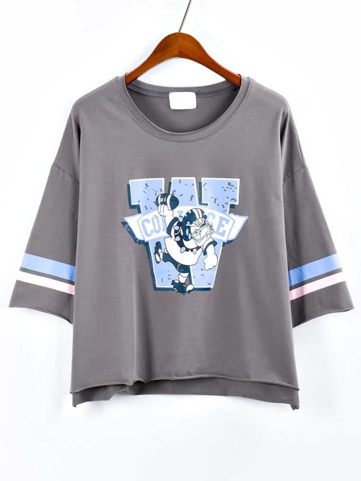 Romwe Cartoon Print Drop Sleeve Frayed T-shirt - Grey