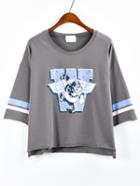 Romwe Cartoon Print Drop Sleeve Frayed T-shirt - Grey