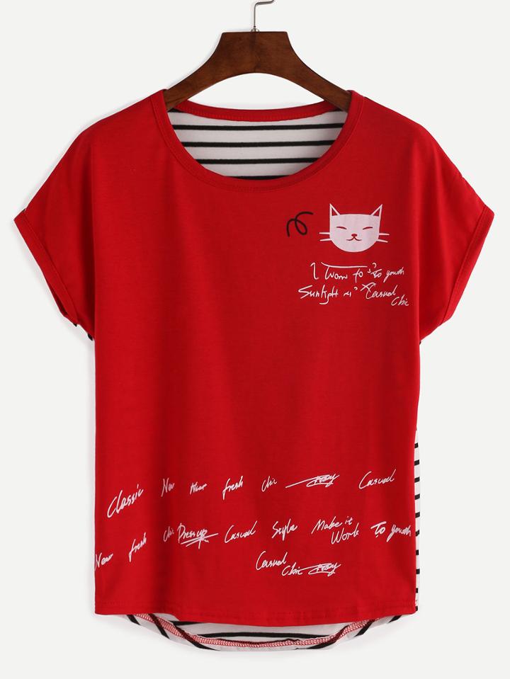Romwe Cat Print Striped Back T-shirt - Red