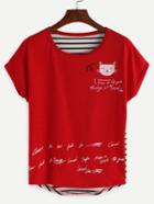 Romwe Cat Print Striped Back T-shirt - Red