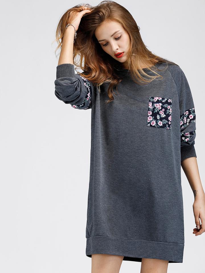 Romwe Contrast Panel Raglan Sleeve Marled Sweatshirt Dress
