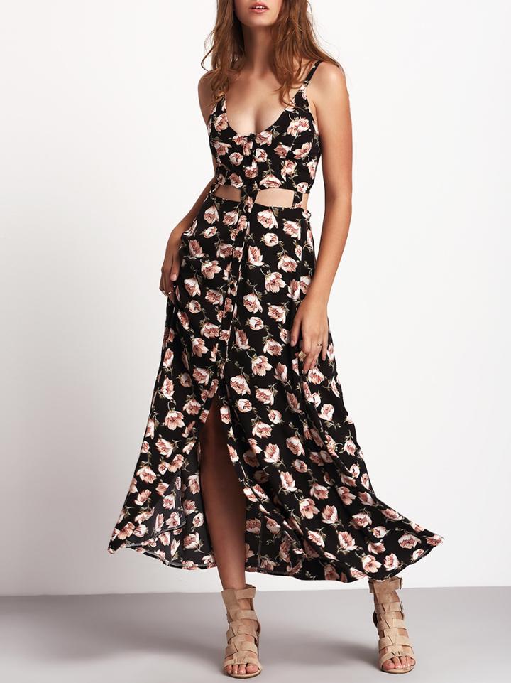 Romwe Black Spaghetti Strap Midriff Floral Dress