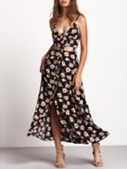 Romwe Black Spaghetti Strap Midriff Floral Dress