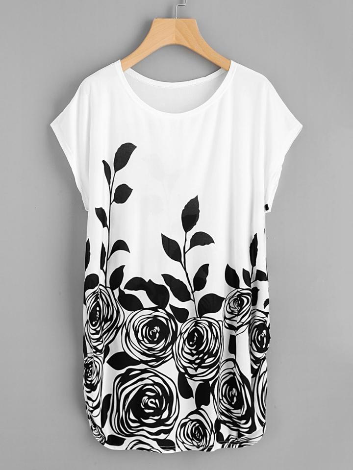 Romwe Dolman Sleeve Shirred Side Rose Print Tee