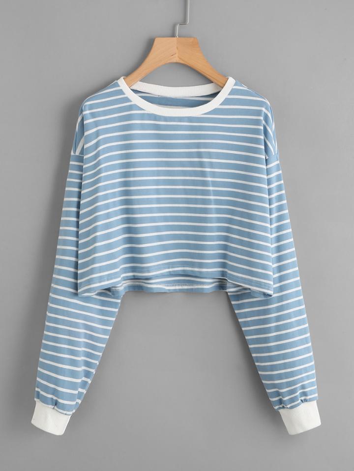 Romwe Dip Hem Drop Shoulder Striped T-shirt