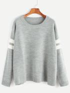Romwe Grey Drop Shoulder Striped Sleeve Sweater