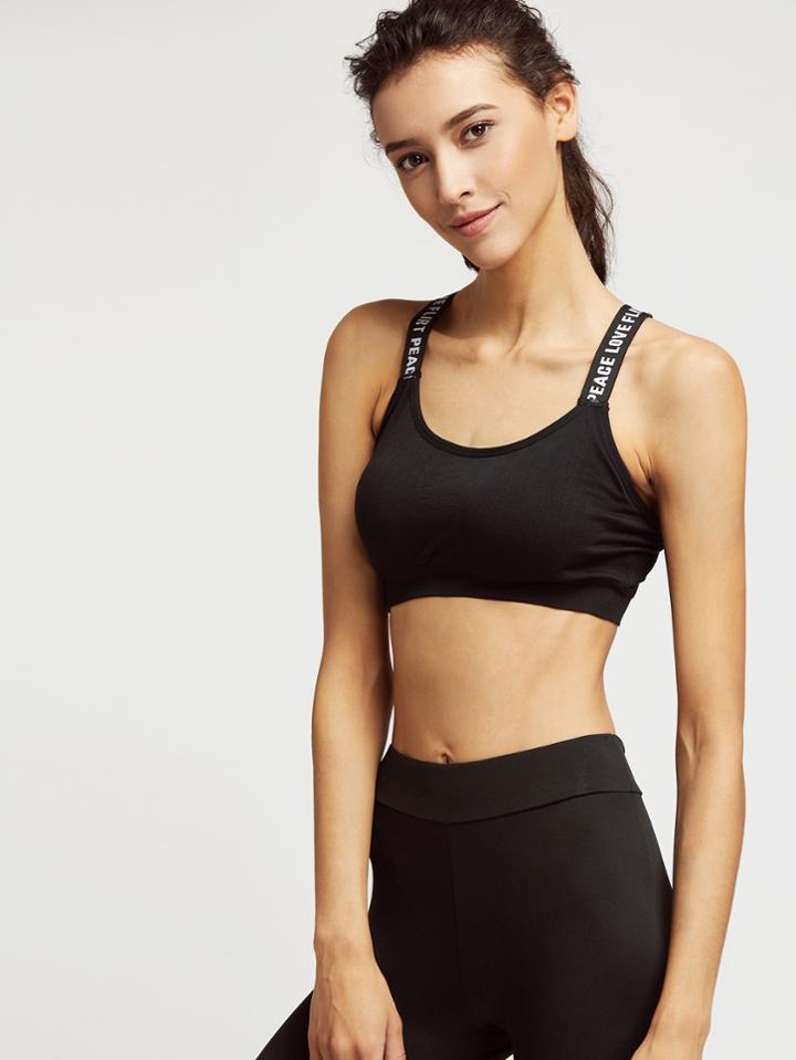 Romwe Black Letter Tape Detail Sport Crop Tank Top