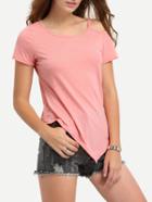 Romwe Cutout Shoulder Asymmetric T-shirt - Pink