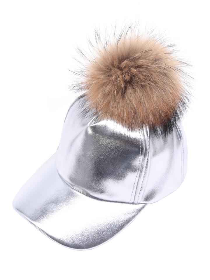 Romwe Silver Faux Leather Detachable Pom Pom Baseball Cap