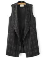 Romwe Black Vertical Striped Shawl Collar Vest With Pockets