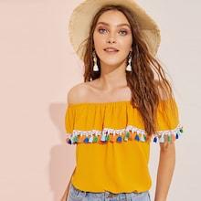 Romwe Tassel Detail Flounce Foldover Front Bardot Top