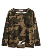 Romwe Camo Print Drop Shoulder Dip Hem Cut Out T-shirt