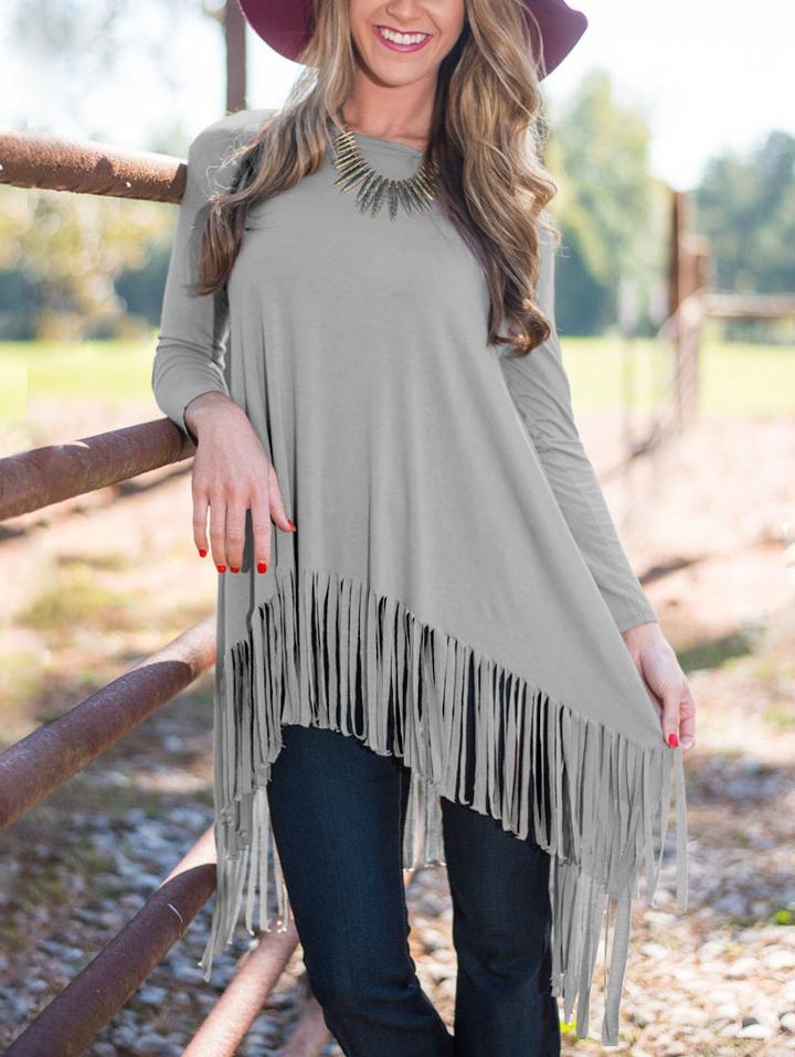 Romwe Dip Hem Fringe T-shirt