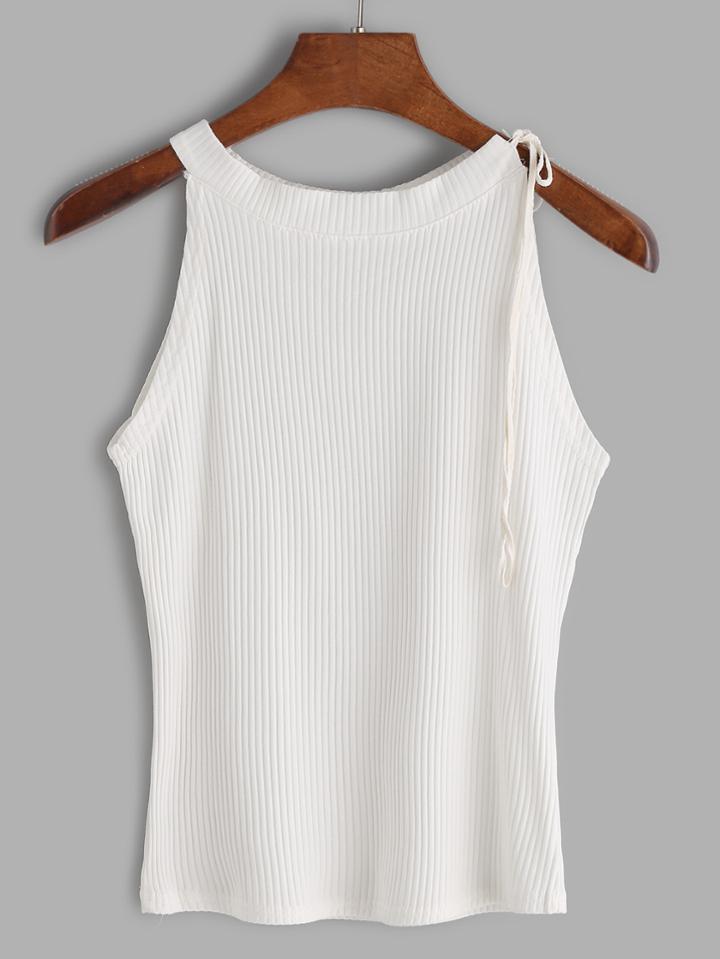 Romwe White Ribbed Tie Shoulder Top