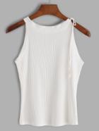 Romwe White Ribbed Tie Shoulder Top