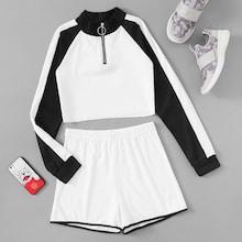 Romwe Striped Panel Quarter Zip Top With Shorts